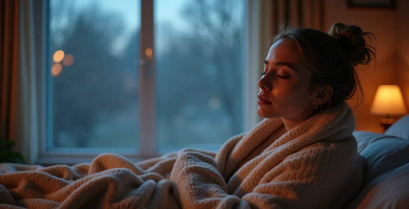 Chambre minimaliste au crépuscule avec atmosphère fraîche et apaisante