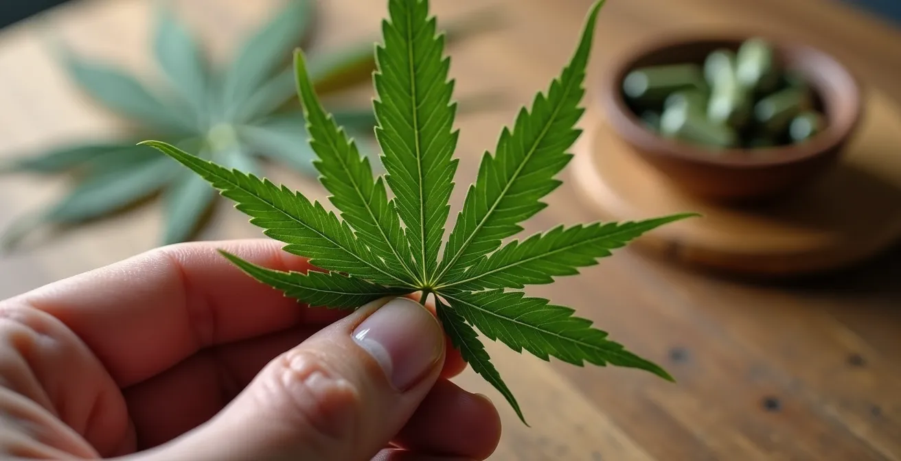 Main tenant délicatement une feuille de chanvre avec des gélules floues en arrière-plan