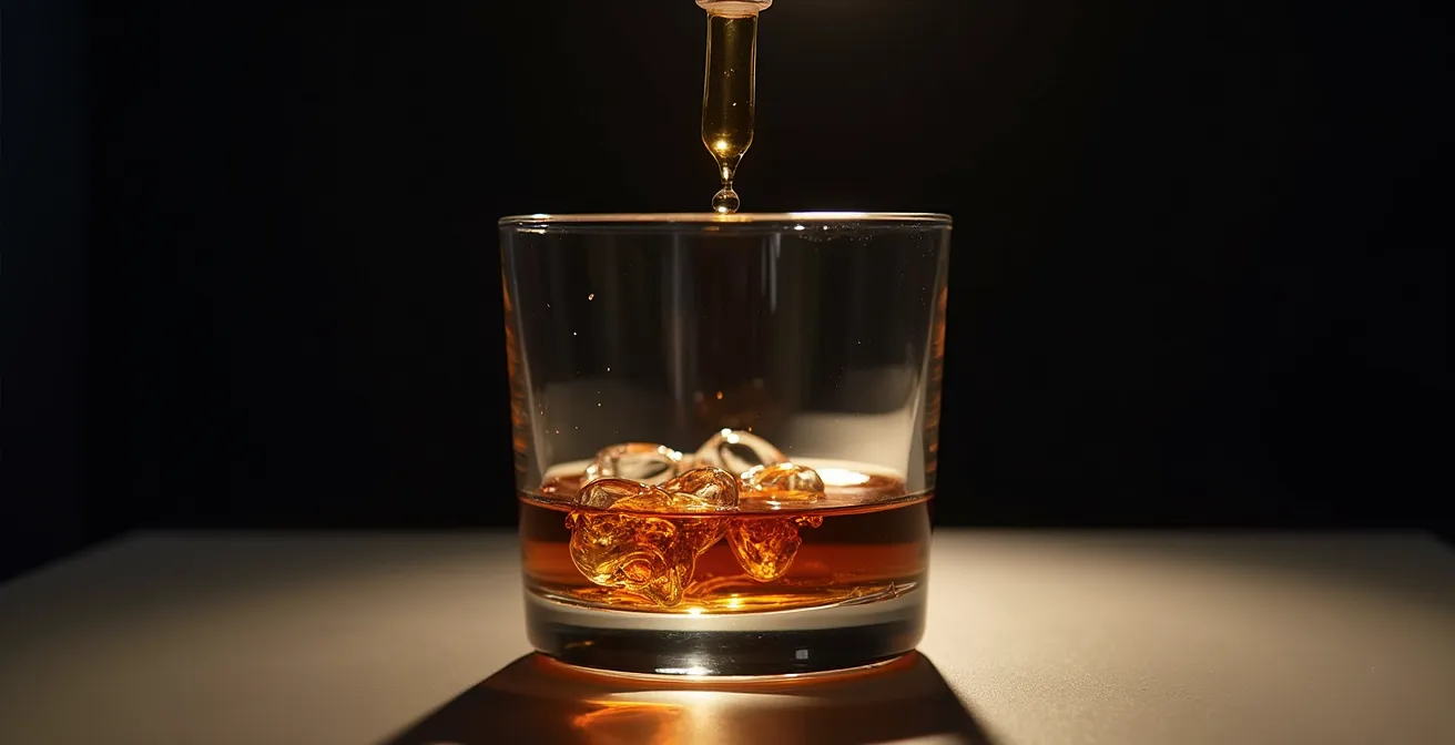 Verre de whisky avec pipette de CBD au-dessus créant des ondulations symboliques