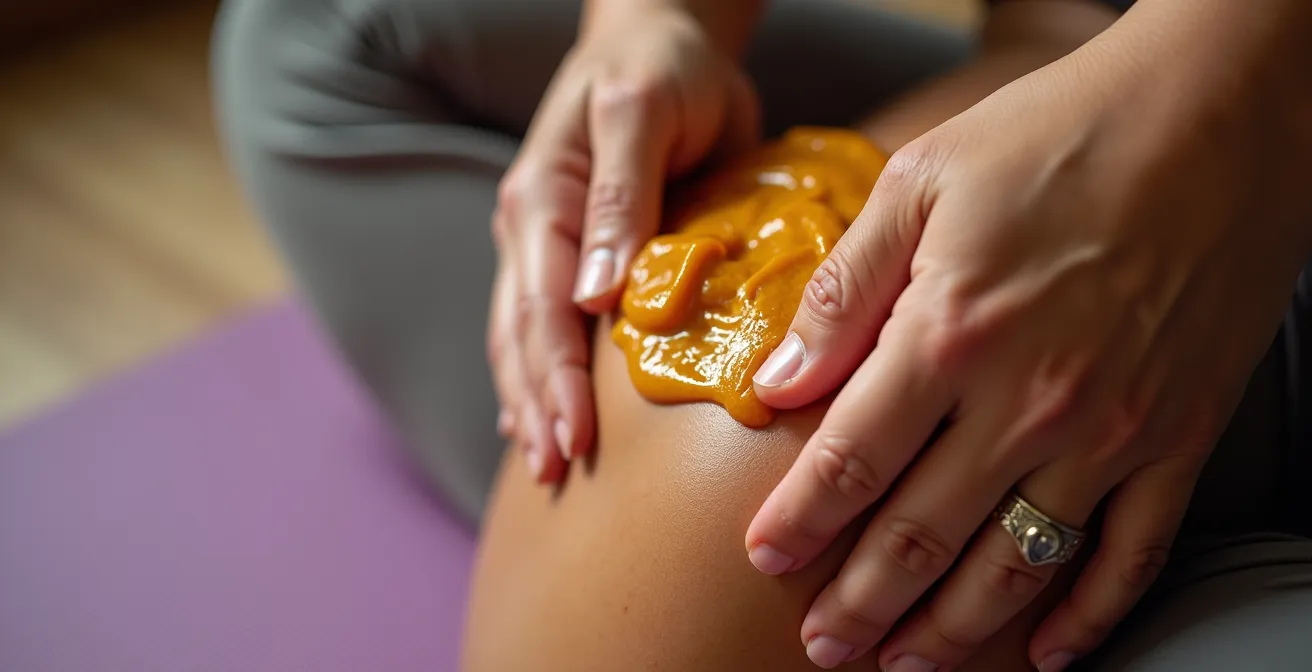 Gros plan sur les mains appliquant un baume CBD sur les muscles en position de yoga