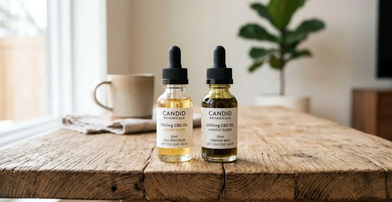 Deux fioles d'huile de CBD côte à côte sur une surface en bois brut, la première dorée et transparente, la seconde sombre et ambrée, éclairage naturel