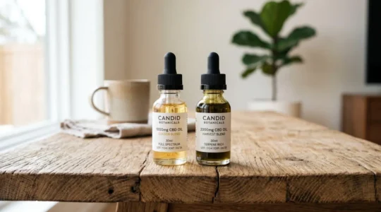 Deux fioles d'huile de CBD côte à côte sur une surface en bois brut, la première dorée et transparente, la seconde sombre et ambrée, éclairage naturel